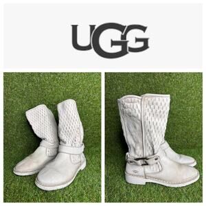 Ugg Shani‎ Perforated Leather Mid-Calf Slip On Boots 5.5